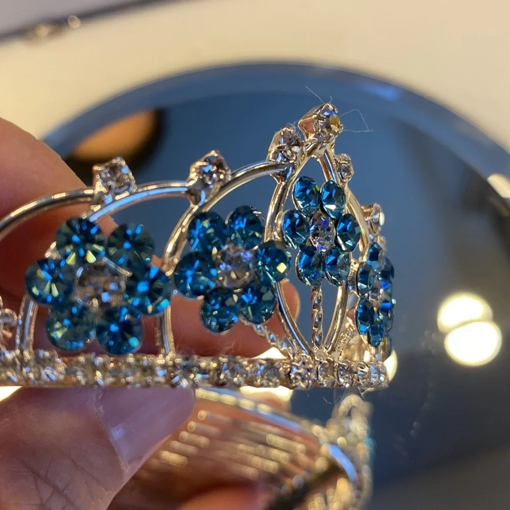 Kids Mini Crystal Tiara Comb Clear and Aqua Blue Rhinestones